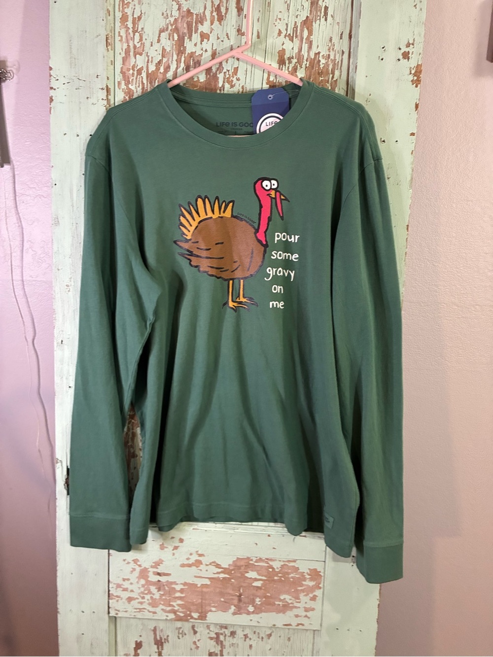 Life is Good men’s green Long-Sleeve Turkey Graphic Tee “pour some gravy on me”